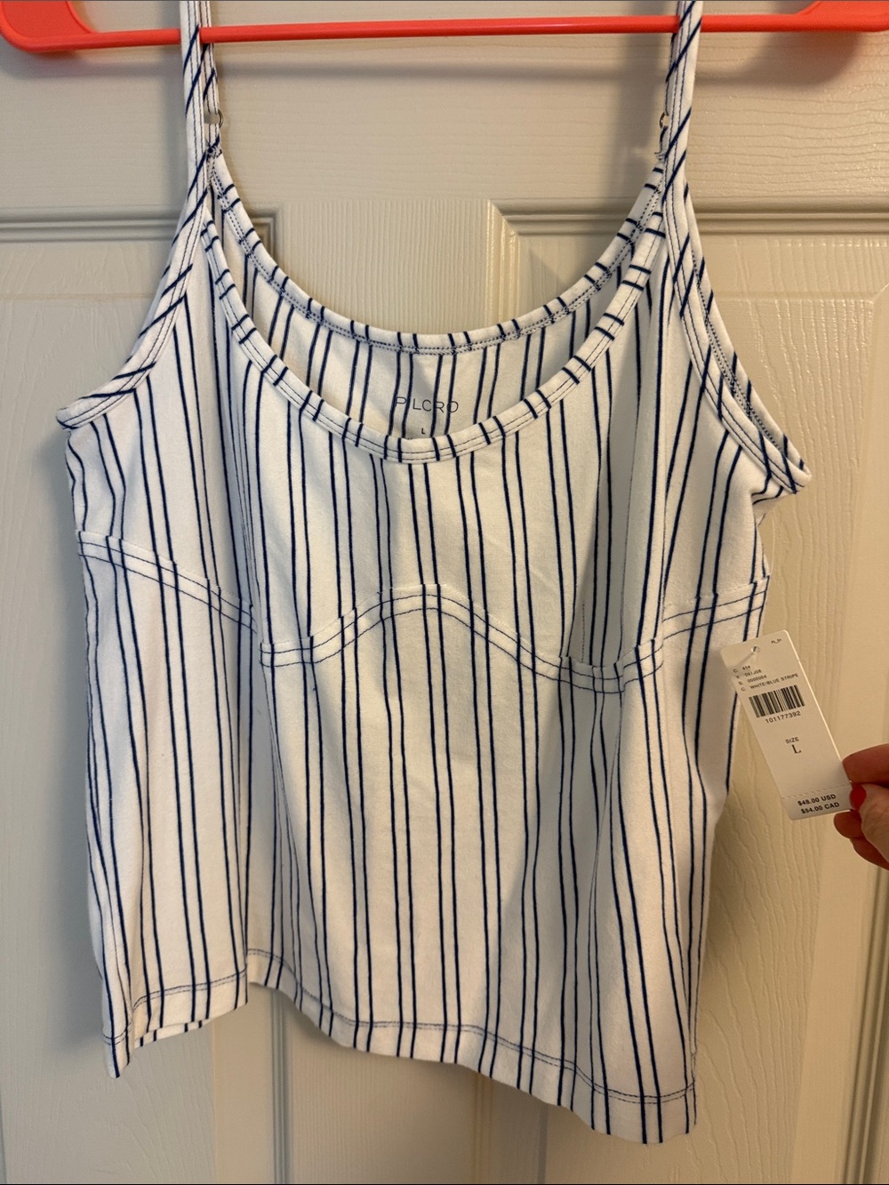 PILCRO White Tank with Navy Pinstripes